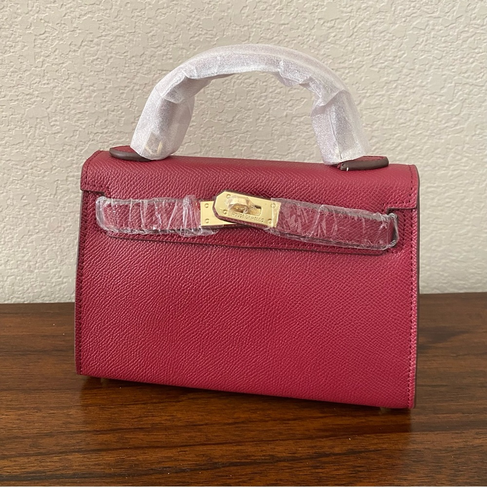 HOUSE OF HELLO Epsom Wine Red Leather Gold Satchel Bag Crossbody w Dual Strap B8
